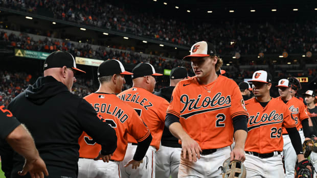 Sep 30, 2023; Baltimore, Maryland, USA; Baltimore Orioles third baseman Gunnar Henderson (2) celebrates with teammates after the game against the Boston Red Sox at Oriole Park at Camden Yards. Mandatory Credit: Tommy Gilligan-USA TODAY Sports