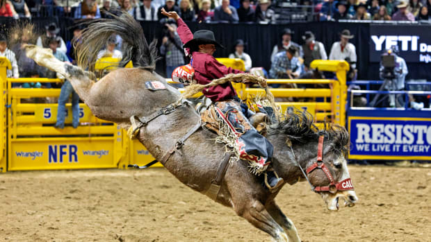 Queensland, Australia cowboy Damien Brennan on Calgary Stampede's Dandy Delight in Round 5 at the 2023 Wrangler National Finals Rodeo.