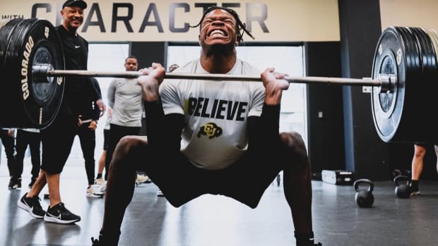 Travis Hunter in the weight room at CU