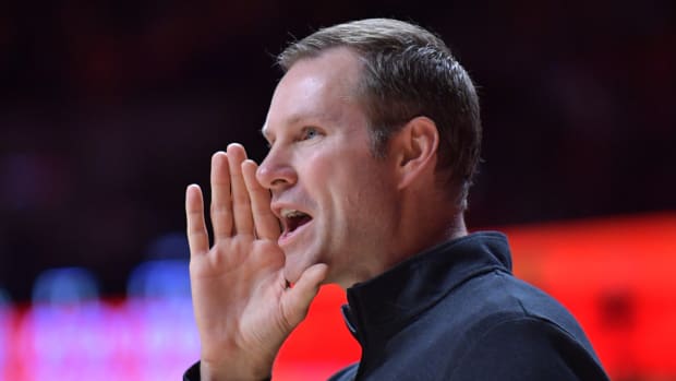 Feb 4, 2024; Champaign, Illinois, USA; Nebraska Cornhuskers Head Coach Fred Hoiberg talks with players during the first half against the Illinois Fighting Illini at State Farm Center.