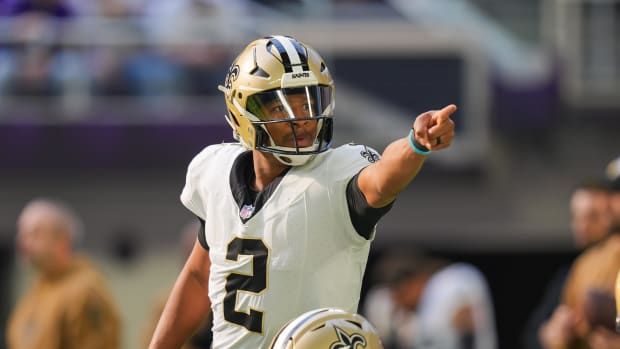 Nov 12, 2023; Minneapolis, Minnesota, USA; New Orleans Saints quarterback Jameis Winston (2) warms up before the game against the Minnesota Vikings at U.S. Bank Stadium. Mandatory Credit: Brad Rempel-USA TODAY Sports