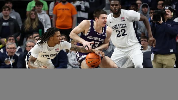 Penn State's Ace Baldwin Jr. steals the ball from Northwestern's Brooks Barnhizer in a Big Ten basketball game at the Bryce Jordan Center.