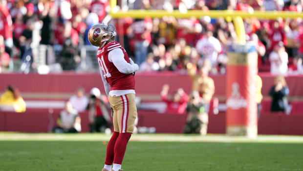 Nov 19, 2023; Santa Clara, California, USA; San Francisco 49ers defensive end Arik Armstead (91) gestures after recording a sack against the Tampa Bay Buccaneers during the second quarter at Levi's Stadium. Mandatory Credit: Darren Yamashita-USA TODAY Sports  