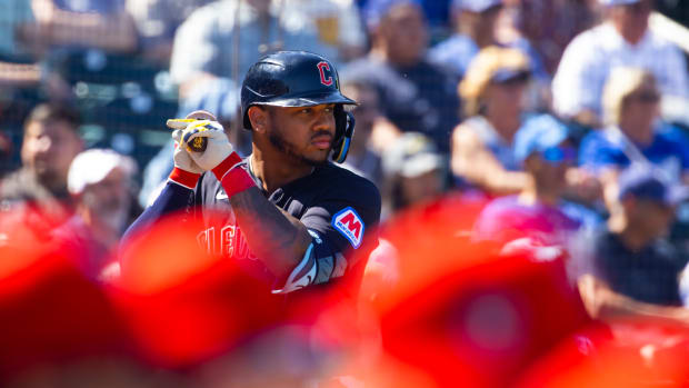 Mar 11, 2024; Goodyear, Arizona, USA; Cleveland Guardians infielder Deyvison De Los Santos (70) against the Los Angeles Dodgers during a spring training game at Goodyear Ballpark.