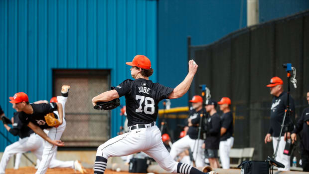 Detroit Tigers pitcher Jackson Jobe throws during spring training at TigerTown in Lakeland, Fla. on Friday, Feb. 16, 2024.