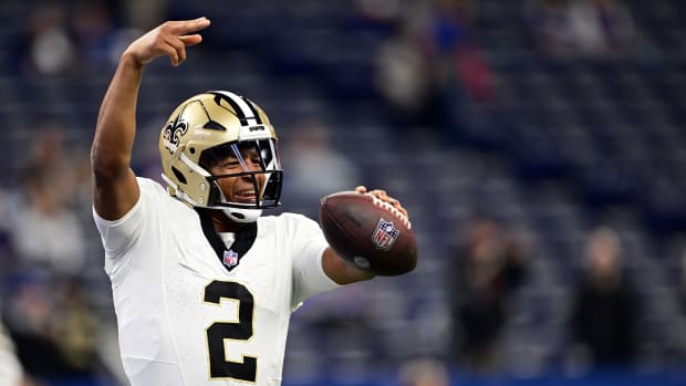 Oct 29, 2023; Indianapolis, Indiana, USA; New Orleans Saints quarterback Jameis Winston (2) dances as his teammates enter the field for warmups before the game against the Indianapolis Colts at Lucas Oil Stadium. Mandatory Credit: Marc Lebryk-USA TODAY Sports  
