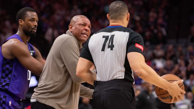 Milwaukee Bucks head coach Doc Rivers argues a call with referee Curtis Blair during the second quarter at Golden 1 Center.