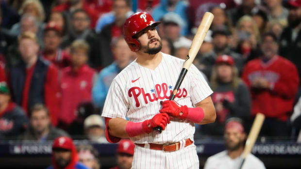 Philadelphia Phillies left fielder Kyle Schwarber (12) reacts to a strike during the fifth inning against the Arizona Diamondbacks in Game 6 of the NLCS at Citizens Bank Park on Oct. 23, 2023, in Philadelphia, PA. The Arizona Diamondbacks won Game 6 of the NLCS against the Philadelphia Phillies, 5-1.