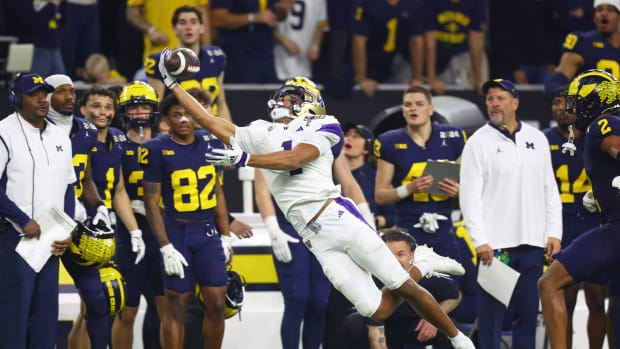 Jan 8, 2024; Houston, TX, USA; Washington Huskies wide receiver Rome Odunze (1) is unable to make a catch against the Michigan Wolverines during the third quarter in the 2024 College Football Playoff national championship game at NRG Stadium.