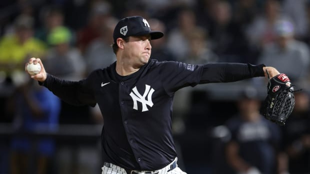 Mar 1, 2024; Tampa, Florida, USA; New York Yankees starting pitcher Gerrit Cole (45) throws a pitch against the Toronto Blue Jays in the first inning at George M. Steinbrenner Field.