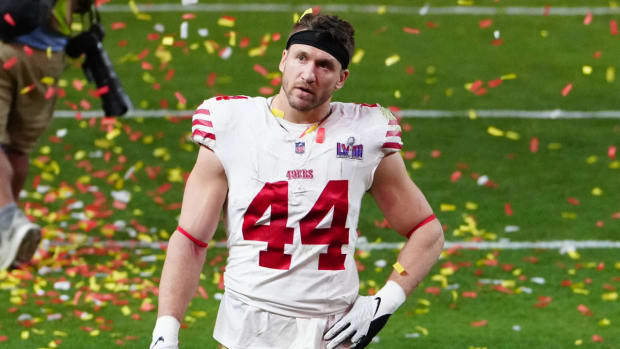 Feb 11, 2024; Paradise, Nevada, USA; San Francisco 49ers fullback Kyle Juszczyk (44) leaves the field after losing to the Kansas City Chiefs during overtime in Super Bowl LVIII at Allegiant Stadium. Mandatory Credit: Stephen R. Sylvanie-USA TODAY Sports  