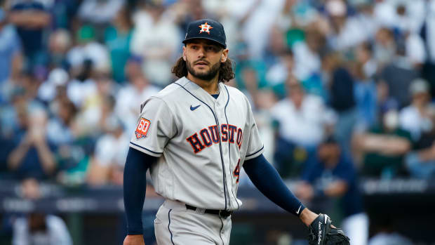 Oct 15, 2022; Seattle, Washington, USA; Houston Astros starting pitcher Lance McCullers Jr. (43) walks to the dugout at the end of the sixth inning against the Seattle Mariners during game three of the ALDS for the 2022 MLB Playoffs at T-Mobile Park. Mandatory Credit: Joe Nicholson-USA TODAY Sports