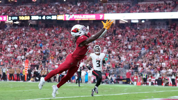 Nov 12, 2023; Glendale, Arizona, USA; Arizona Cardinals wide receiver Marquise Brown (2) is unable to catch a pass against the Atlanta Falcons during the first half at State Farm Stadium. Mandatory Credit: Joe Camporeale-USA TODAY Sports  