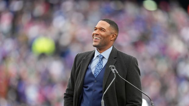 The New York Giants retire Michael Strahan's jersey during a halftime ceremony. The Giants defeat the Eagles, 13-7, at MetLife Stadium on Sunday, Nov. 28, 2021, in East Rutherford. Syndication The Record