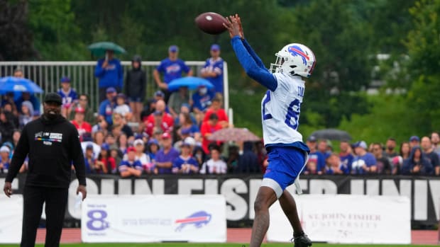 Jul 27, 2023; Rochester NY, USA; Buffalo Bills wide receiver Isaiah Coulter (82) catches a pass during training camp at St. John Fisher College. Mandatory Credit: Gregory Fisher-USA TODAY Sports  