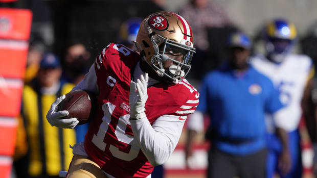 Jan 7, 2024; Santa Clara, California, USA; San Francisco 49ers wide receiver Deebo Samuel (19) runs after a catch against the Los Angeles Rams during the first quarter at Levi’s Stadium.