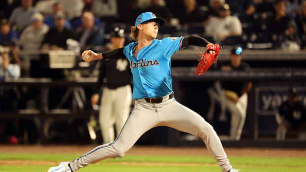 Feb 29, 2024; Tampa, Florida, USA; Miami Marlins pitcher Max Meyer (23) throws a pitch during the fifth inning against the New York Yankees at George M. Steinbrenner Field.