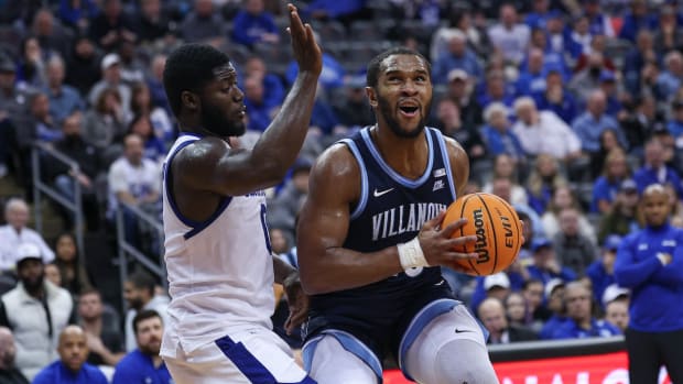 Villanova Wildcats forward Eric Dixon (43) looks to the basket against Seton Hall Pirates guard Dylan Addae-Wusu (0) during the first half at Prudential Center in Newark, New Jersey, on March 6, 2024.