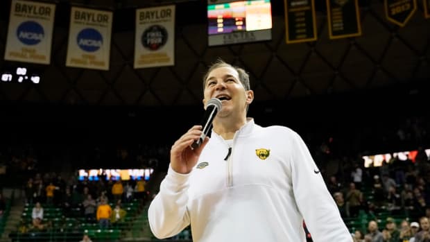 Baylor Bears head coach Scott Drew address the crowd after the final college basketball game at Ferrell Center in Waco, Texas, Dec. 22, 2023.