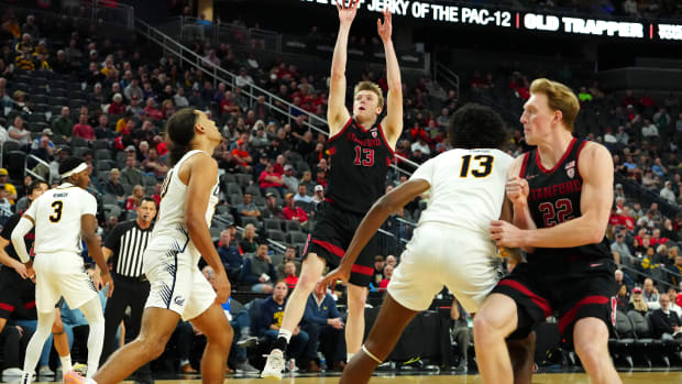 Mar 13, 2024; Las Vegas, NV, USA; Stanford Cardinal guard Michael Jones (13) shoots against the California Golden Bears during the second half at T-Mobile Arena. Mandatory Credit: Stephen R. Sylvanie-USA TODAY Sports 