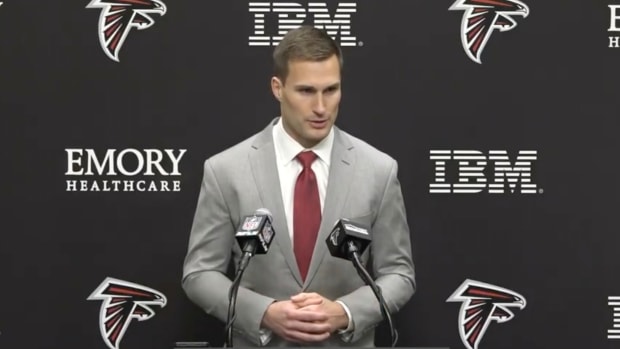 Kirk Cousins during his opening press conference with the Atlanta Falcons on March 13, 2024.