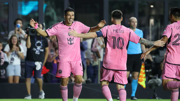 Luis Suarez (left) and Lionel Messi pictured celebrating a goal during Inter Miami's 3-1 win over Nashville in the 2024 CONCACAF Champions Cup