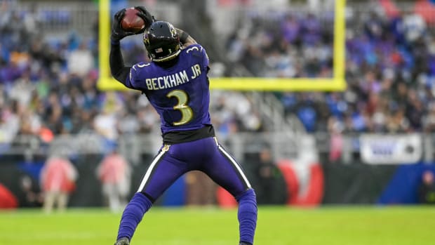 Dec 10, 2023; Baltimore, Maryland, USA; Baltimore Ravens wide receiver Odell Beckham Jr. (3) leaps to make a catch during the second half against the Los Angeles Rams at M&T Bank Stadium.