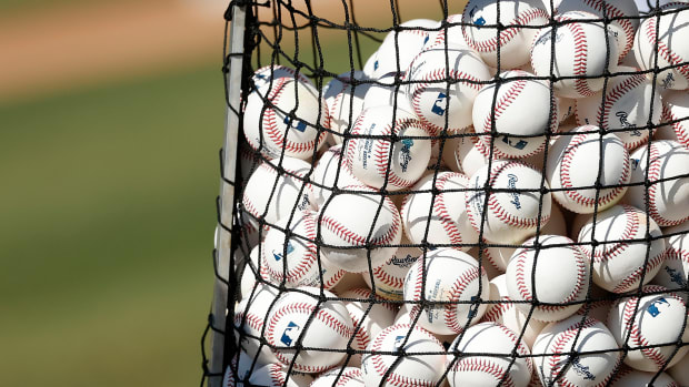 Feb 21, 2023; Jupiter, FL, USA; B-roll bag of baseballs during workouts at the Marlins practice facility. Mandatory Credit: Rhona Wise-USA TODAY Sports