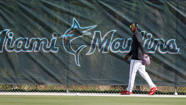 Feb 21, 2023; Jupiter, FL, USA; Miami Marlins outfielder Jazz Chisholm Jr. (3) participates in drills during workouts at the Marlins practice facility. Mandatory Credit: Rhona Wise-USA TODAY Sports