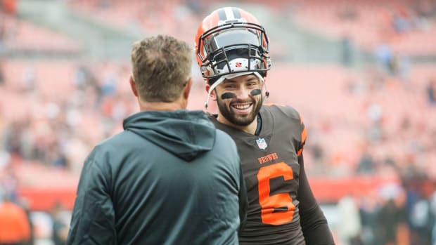Former Cleveland Browns interim head coach Gregg Williams and quarterback Baker Mayfield.