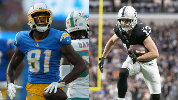 LEFT: Sep 10, 2023; Inglewood, California, USA; Los Angeles Chargers wide receiver Mike Williams (81) reacts after a first down against the Miami Dolphins in the second half at SoFi Stadium. Mandatory Credit: Kirby Lee-USA TODAY Sports   RIGHT: November 5, 2023; Paradise, Nevada, USA; Las Vegas Raiders wide receiver Hunter Renfrow (13) runs the football against New York Giants safety Xavier McKinney (29) during the second quarter at Allegiant Stadium. Mandatory Credit: Kyle Terada-USA TODAY Sports 
