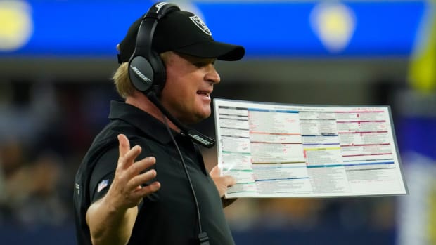 Gruden during the Raiders’ 17-16 exhibition win over the Rams on Aug. 21, 2021.