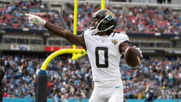 Jacksonville Jaguars wide receiver Calvin Ridley (0) reacts after scoring a touchdown against the Tennessee Titans during the first half at Nissan Stadium.
