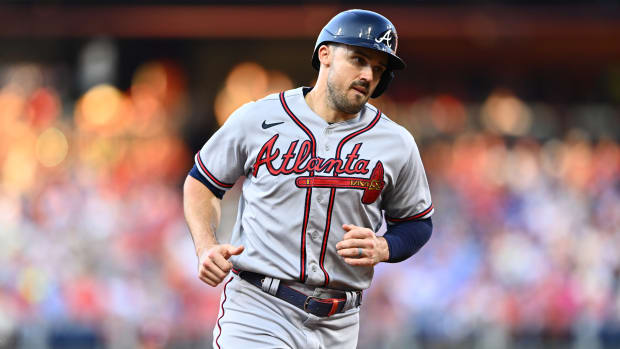 Jun 30, 2022; Philadelphia, Pennsylvania, USA; Atlanta Braves outfielder Adam Duvall (14) advances home to score from a two-run home run against the Philadelphia Phillies in the fifth inning at Citizens Bank Park.