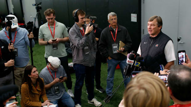 Georgia coach Kirby Smart speaks with the media during Georgia football's Pro Day in Athens, Ga., on Wednesday, March 13, 2024.