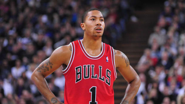 Chicago Bulls point guard Derrick Rose (1) rests between plays during the third quarter against the Sacramento Kings at Power Balance Pavilion. The Bulls defeated the Kings 108-98.