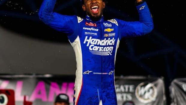 Rajah Caruth celebrates his first NASCAR win. Photo courtesy Celsius.