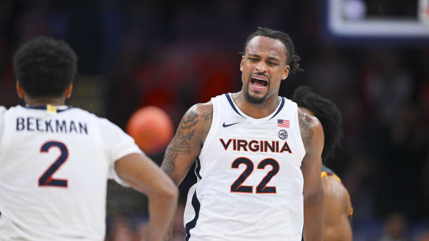 Jordan Minor reacts during the Virginia men's basketball game against Boston College in the quarterfinals of the 2024 ACC Men's Basketball Tournament at Capital One Arena.