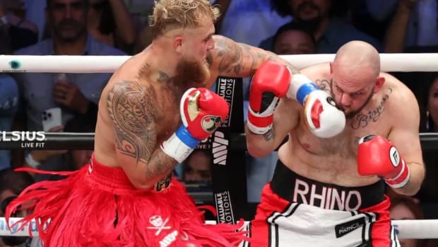 Jake Paul (L) punches Ryan Bourland during their cruiserweight fight at Coliseo de Puerto Rico. KSI calls Jake Paul's fight with Tyson A Lose-Lose Situation. RICARDO ARDUENGO.