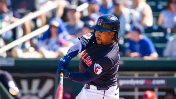 Mar 11, 2024; Goodyear, Arizona, USA; Cleveland Guardians infielder Jose Ramirez against the Los Angeles Dodgers during a spring training game at Goodyear Ballpark.