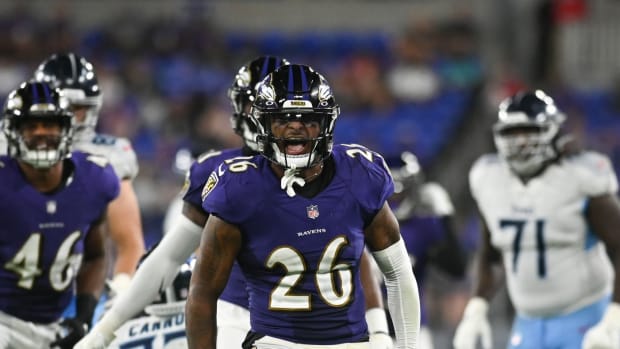 Aug 11, 2022; Baltimore, Maryland, USA; Baltimore Ravens safety Geno Stone (26) reacts after the play during the second half against the Tennessee Titans at M&T Bank Stadium. Mandatory Credit: Tommy Gilligan-USA TODAY Sports  