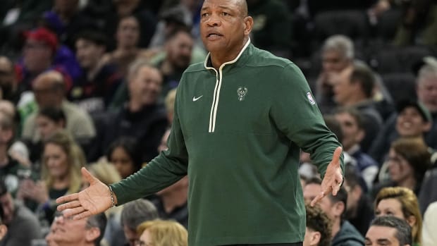 Milwaukee Bucks head coach Doc Rivers reacts to a call during the first quarter against the Philadelphia 76ers