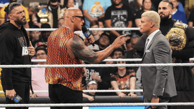 The Rock confronts Cody Rhodes during an episode of Friday Night SmackDown.
