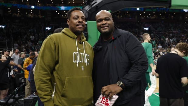 Former Boston Celtics great Paul Pierce (left) and Antoine Walker before the game between the Boston Celtics and the Miami Heat at TD Garden. 