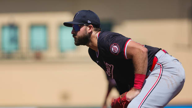 Mar 11, 2024; Jupiter, Florida, USA; Washington Nationals left fielder Joey Gallo (24) watches from first base against the St. Louis Cardinals during the fourth inning at Roger Dean Chevrolet Stadium.