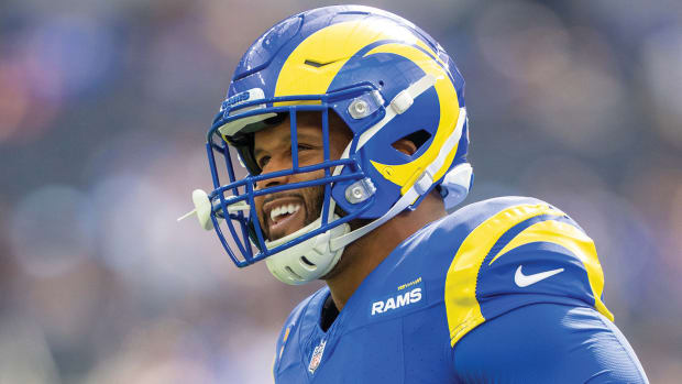 Los Angeles Rams defensive tackle<br />
                                                                                 Aaron Donald smiles before a game at<br />
                                                                                 SoFi Stadium.