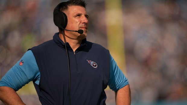 Tennessee Titans Head Coach Mike Vrabel reacts to a Titans penalty against the Seattle Seahawks during their game at Nissan Stadium in Nashville, Tenn., Sunday, Dec. 24, 2023.