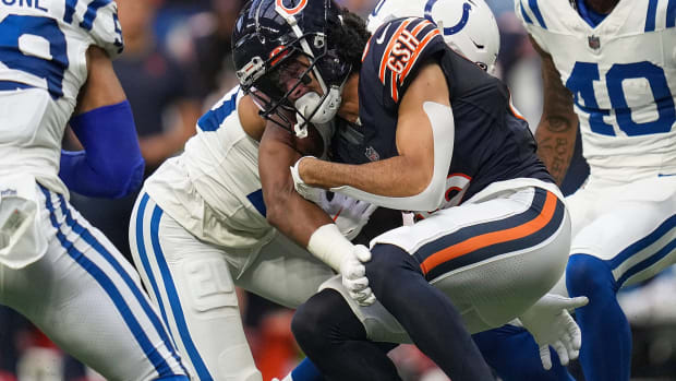 Dante Pettis is tackled against the Indianapolis Colts in last year's preseason game. It was his final game of the year due to a neck injury.