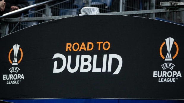 A UEFA Europa League sign reading "ROAD TO DUBLIN" pictured at a game between Shakhtar Donetsk and Olympique Marseille in February 2024