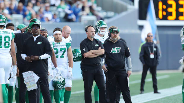 Sep 7, 2019; Winnipeg, Manitoba, CAN; Saskatchewan Roughriders head coach Craig Dickenson reacts to the play during the second half of the Canadian Football League game against the Winnipeg Blue Bombers at Investors Group Field. Winnipeg Blue Bombers win 35-10. Mandatory Credit: Bruce Fedyck-USA TODAY Sports  